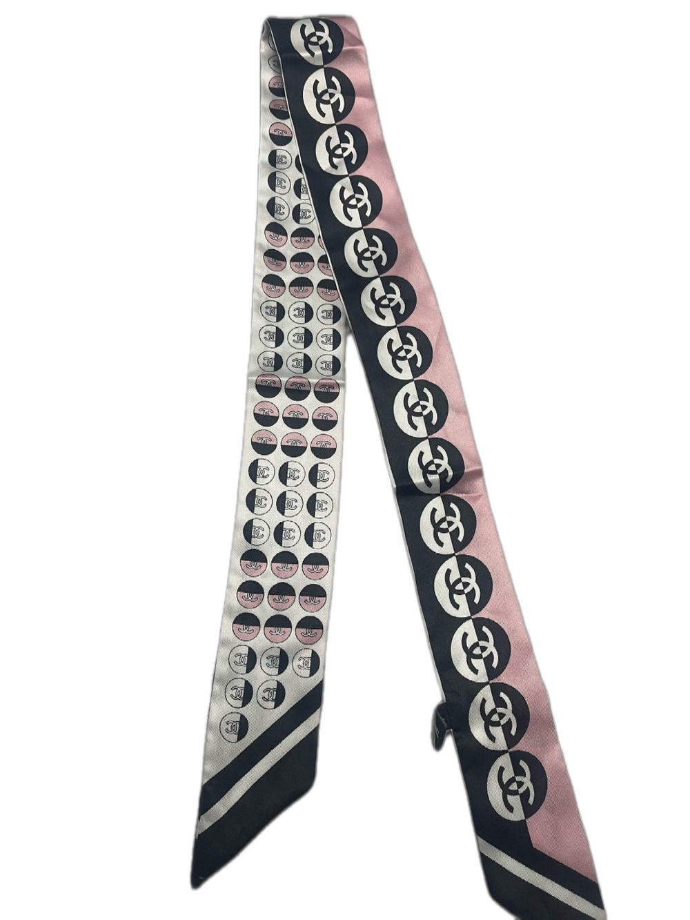 CHANEL Pink and Black Satin Logo Twilly Scarf Ribbon
